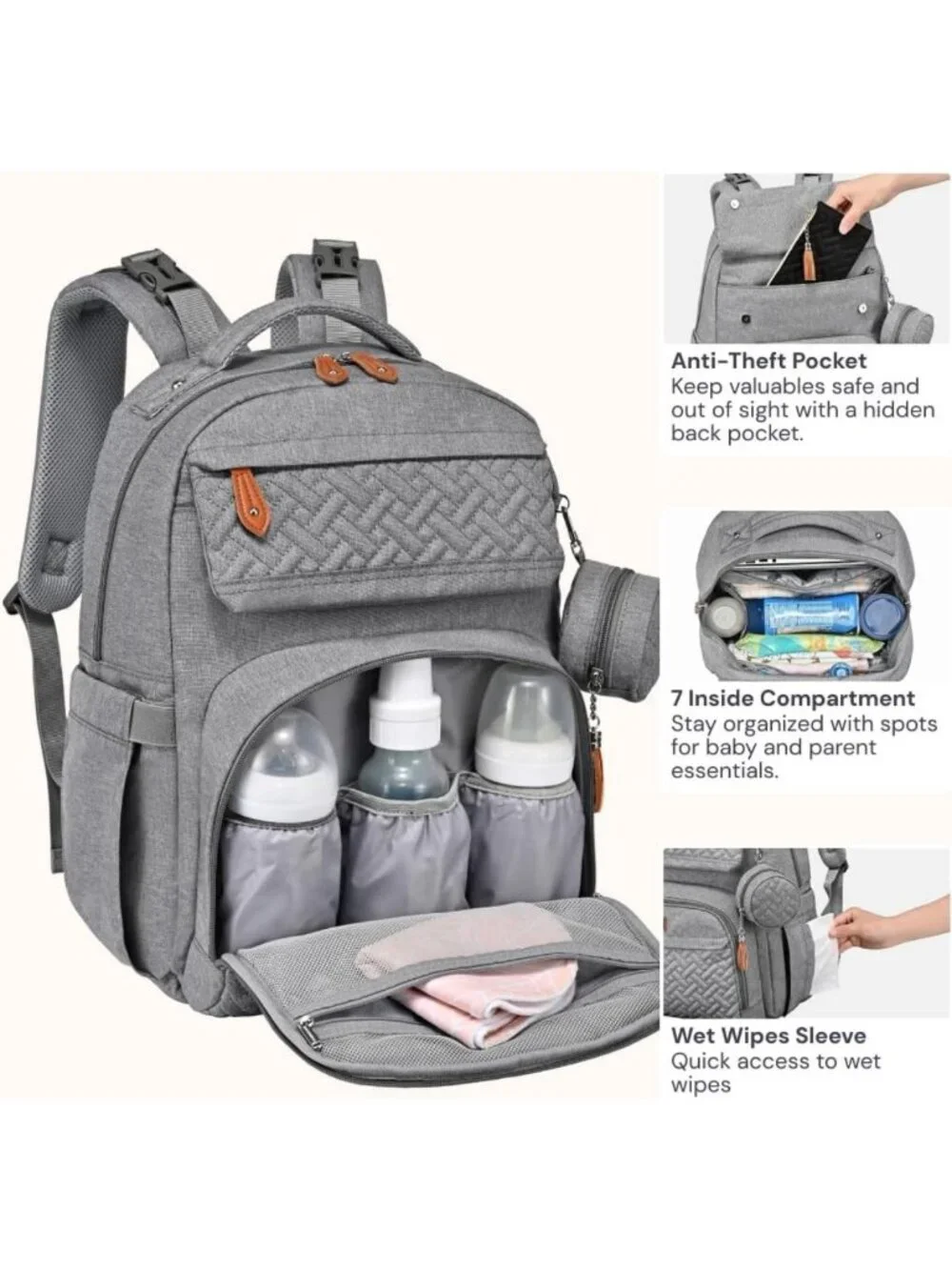 Large Waterproof Diaper Bag Backpack for Travel, Changing Pad, Stroller Clips